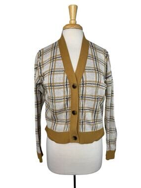 LOFT Preppy Plaid Cardigan Sweater Size Medium Petite Gold Black White Cotton